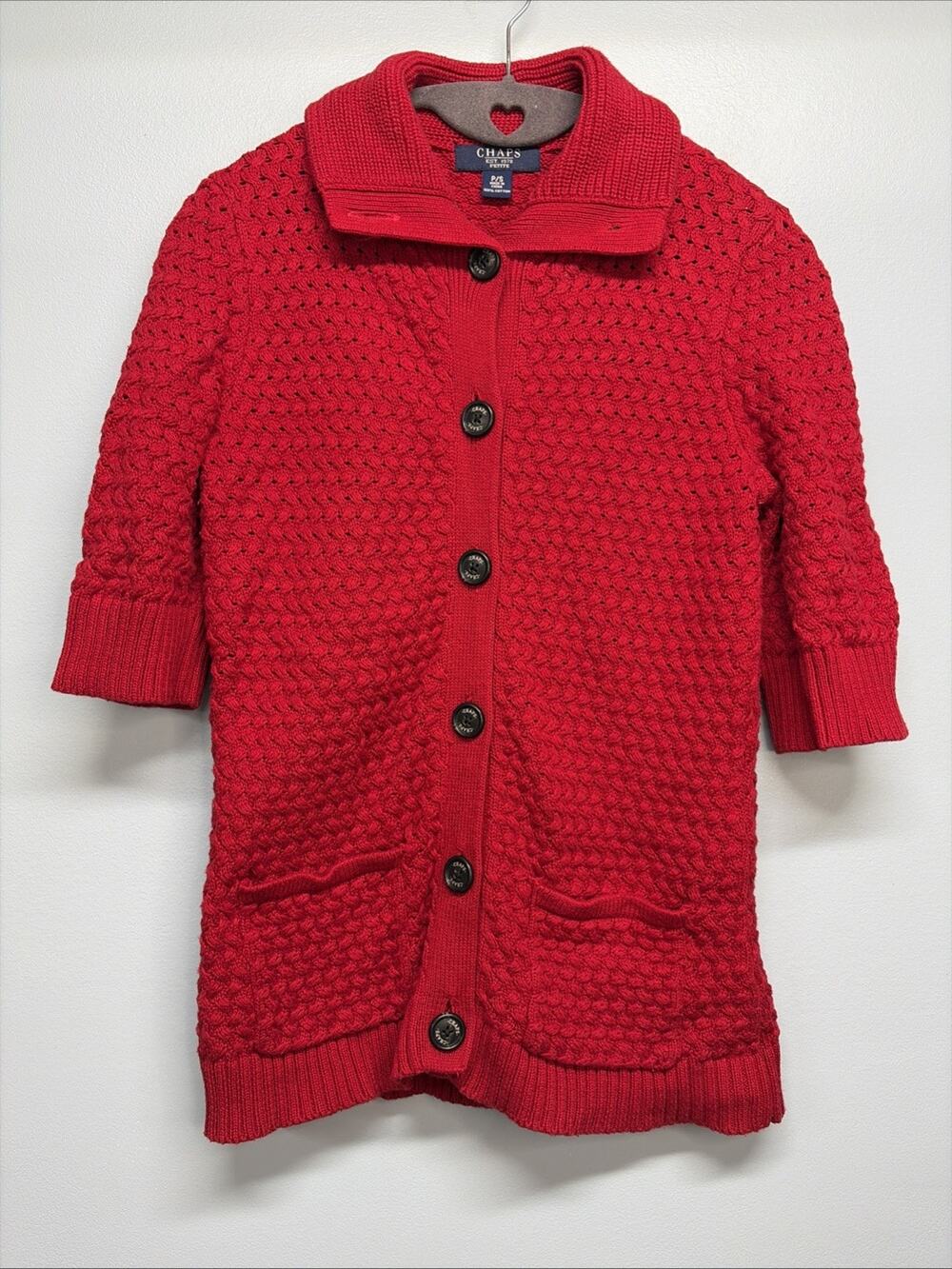 Chaps Petite P/S Red Button Cardigan 100% Cotton 1/2 Sleeve/Pockets/Cottagecore - Picture 1 of 6